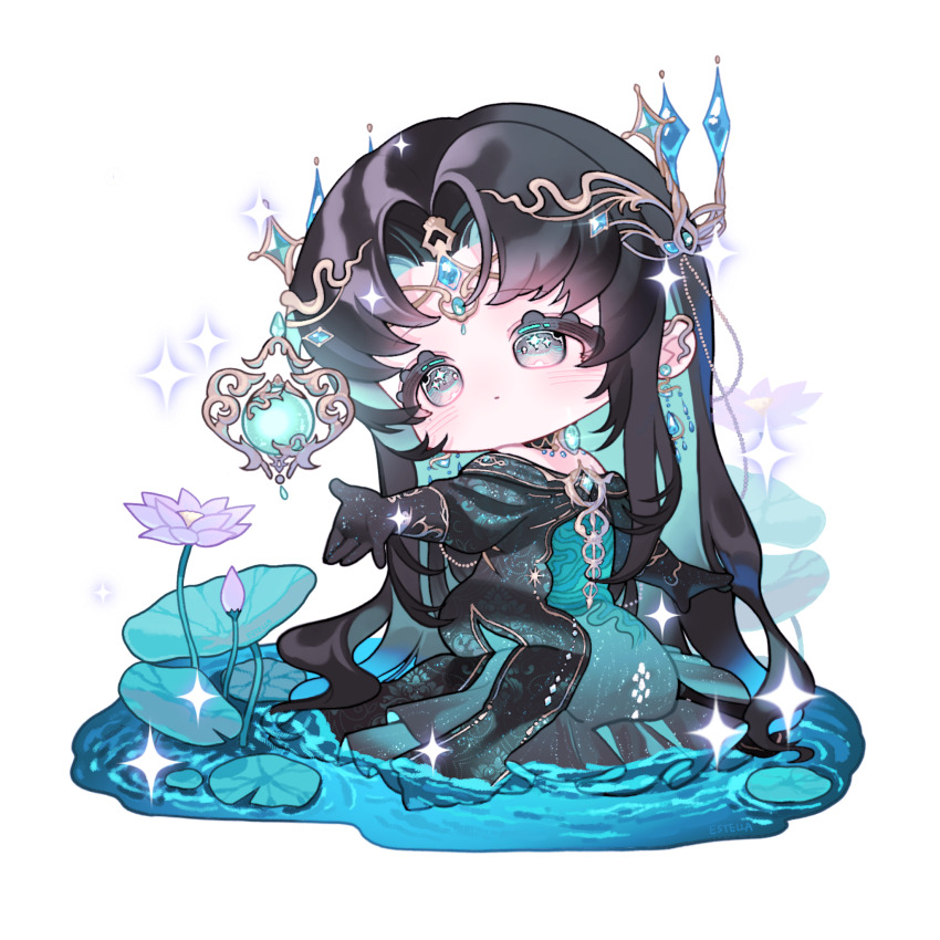 1girl, :o, absurdly_long_hair, aqua_dress, aqua_eyes, aqua_hair, black_choker, black_dress