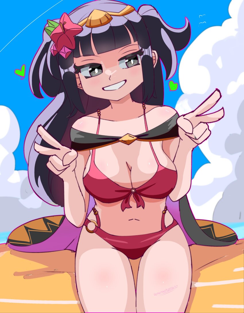 1girl, absurdres, bare_shoulders, beach, bikini, black_hair, blue_sky, blunt_bangs