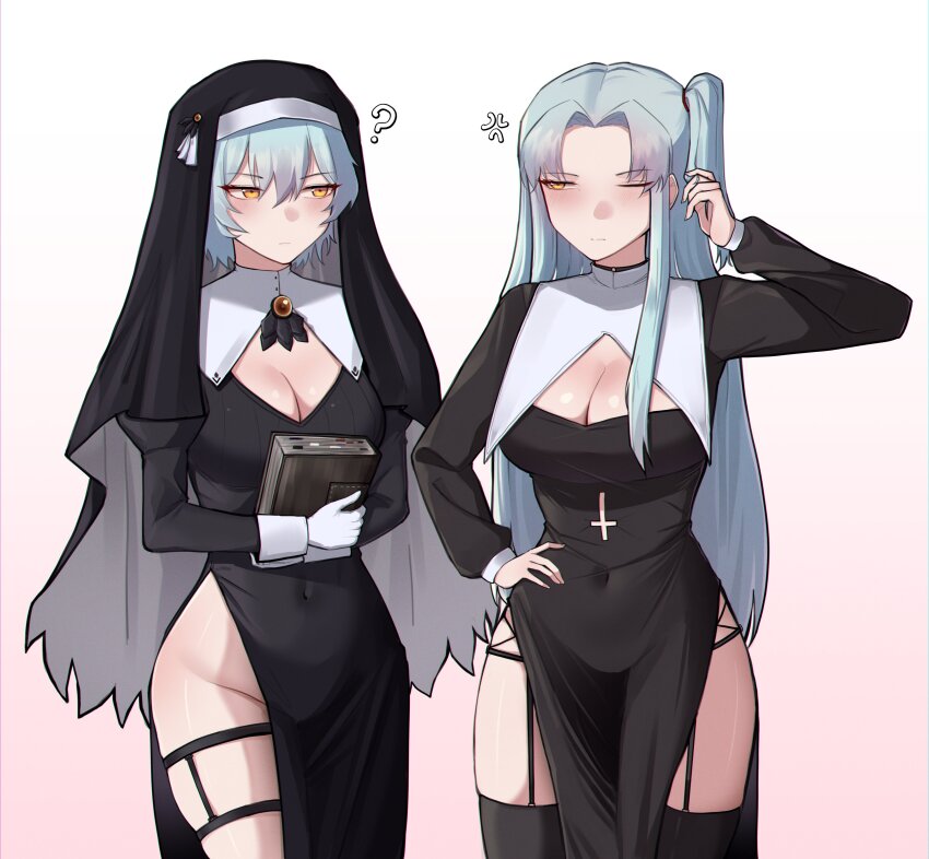2girls, ?, absurdres, alternate_costume, angela_(project_moon), ascot, black_ascot, black_dress