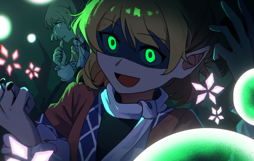 2girls, :d, biting, biting_own_thumb, black_shirt, blonde_hair, brown_shirt, clone