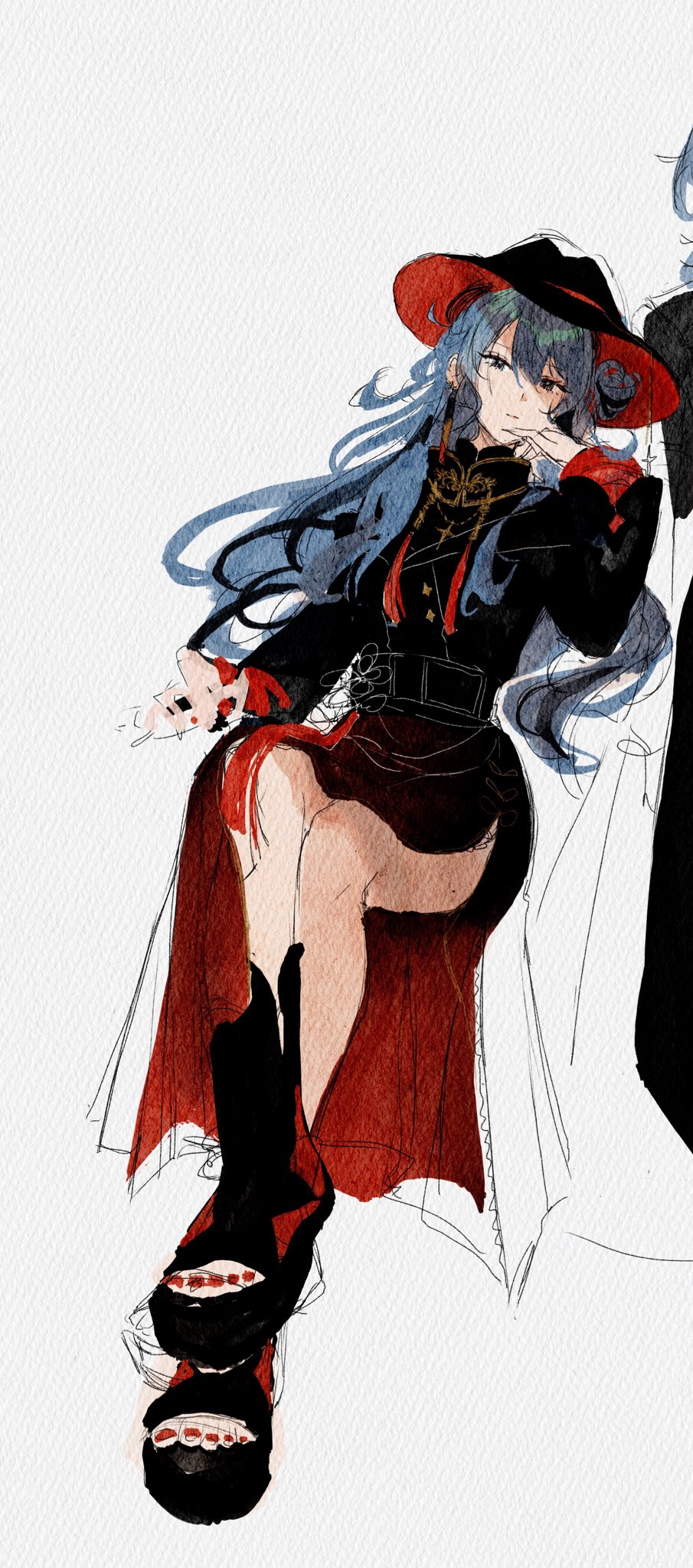 1girl, 1other, belt, black_boots, black_hat, blue_eyes, blue_hair, boots