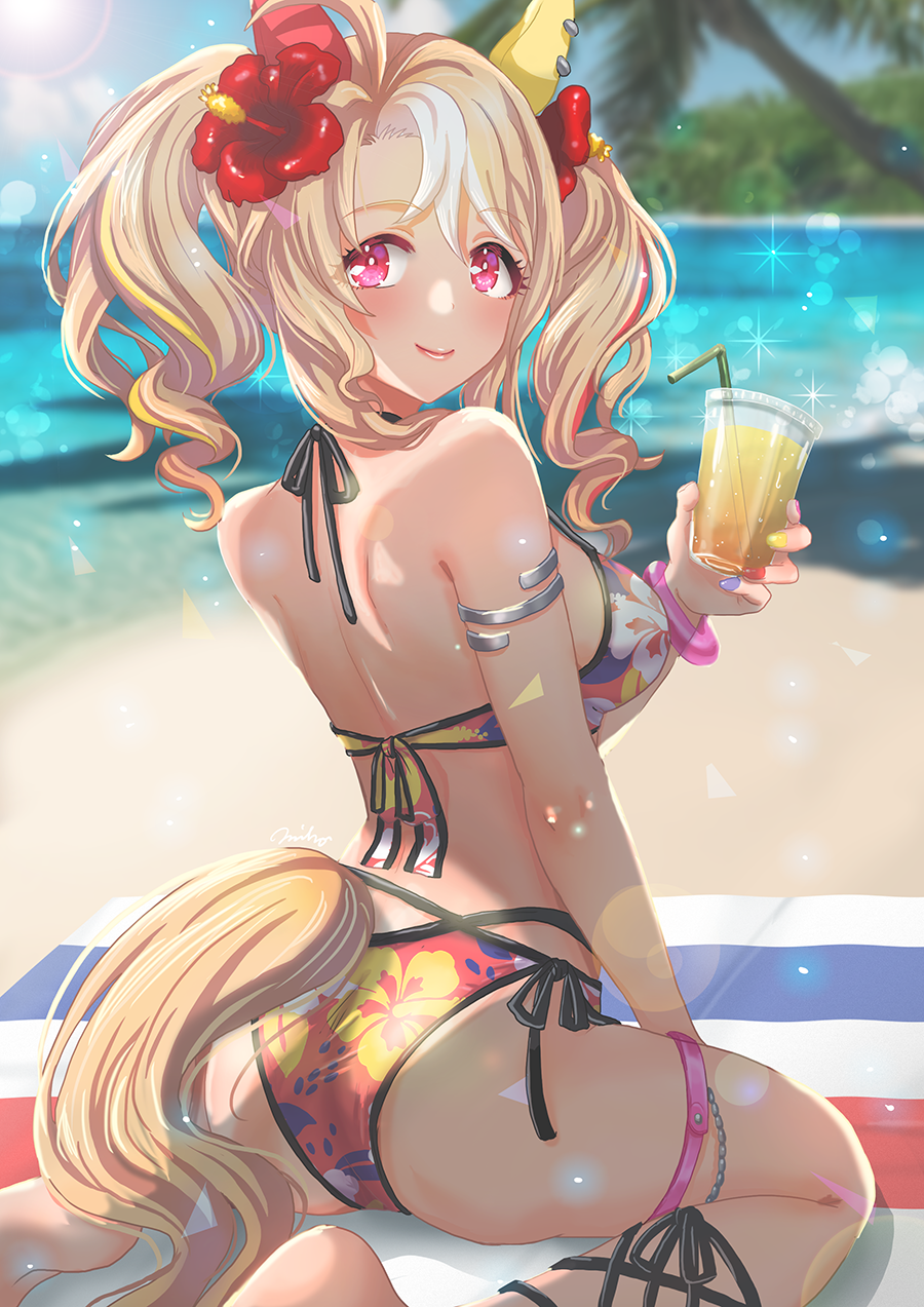 1girl, ahoge, alternate_costume, animal_ears, armlet, ass, barefoot, beach