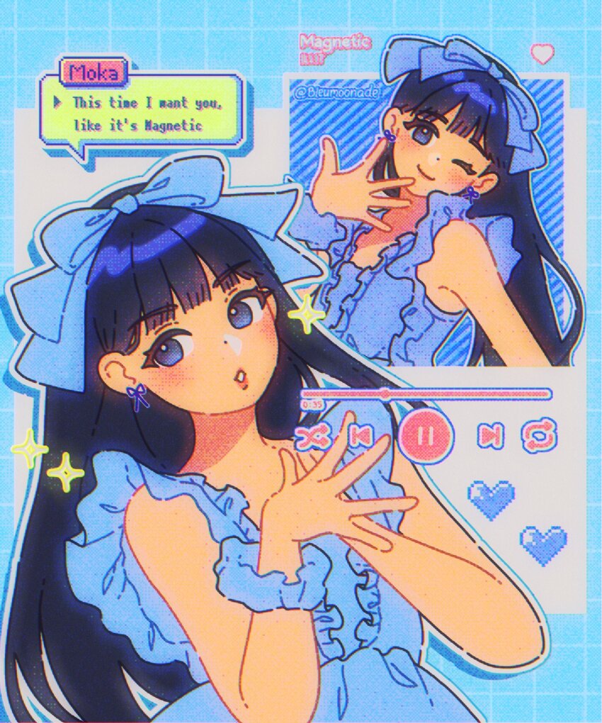 1girl, animification, black_hair, bleumoonade, blue_bow, blue_dress, blue_eyes, bow, bow_earrings, character_name, commentary, dress, earrings, english_commentary, hair_bow, heart, highres, ibispaint_(medium), illit, jewelry, k-pop, long_hair, looking_at_viewer, looking_to_the_side, lyrics, moka_(illit), multiple_views, one_eye_closed, open_hand, parted_lips, pause_button, real_life, smile, song_name, sparkle, speech_bubble