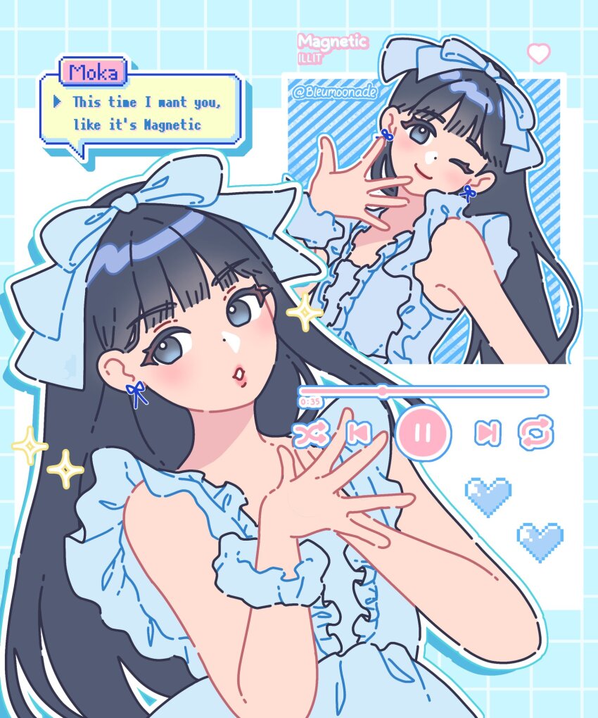 1girl, animification, black_hair, bleumoonade, blue_bow, blue_dress, blue_eyes, bow