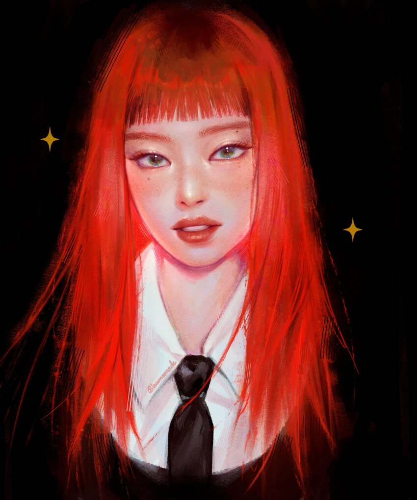 1girl, absurdres, black_background, black_necktie, blackpink, bleumoonade, blunt_bangs, collared_shirt, east_asian, highres, jennie_(blackpink), k-pop, long_hair, looking_at_viewer, mole, mole_under_eye, necktie, parted_lips, portrait, real_life, realistic, red_hair, ruby_(jennie), shirt, solo, sparkle, white_shirt