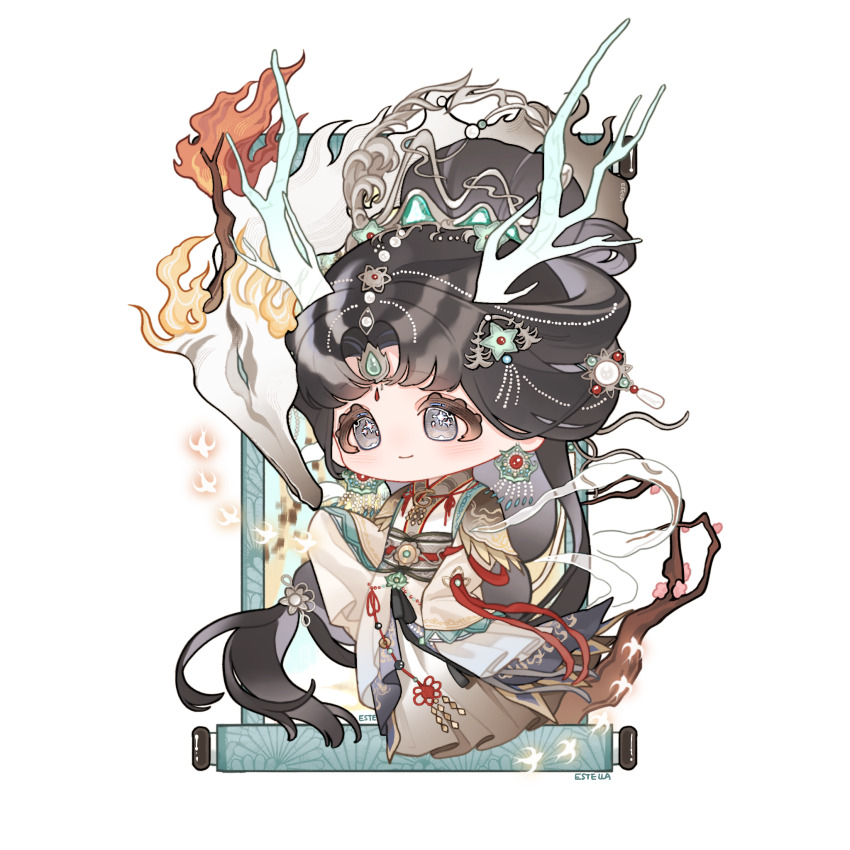 1girl, absurdly_long_hair, beads, bird, black_capelet, black_hair, branch, capelet