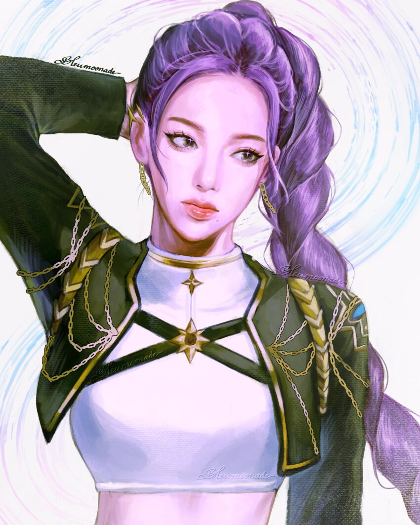 1girl, aespa, artist_name, black_jacket, bleumoonade, braid, breasts, brown_eyes, commentary, cosplay, cropped_shirt, earrings, east_asian, english_commentary, expressionless, hand_on_own_head, highres, jacket, jewelry, k-pop, karina_(aespa), kpop_demon_hunters, long_hair, looking_to_the_side, medium_breasts, purple_hair, real_life, realistic, rumi_(kpop_demon_hunters), rumi_(kpop_demon_hunters)_(cosplay), shirt, solo, sparkling_eyes, upper_body, very_long_hair, white_background, white_shirt