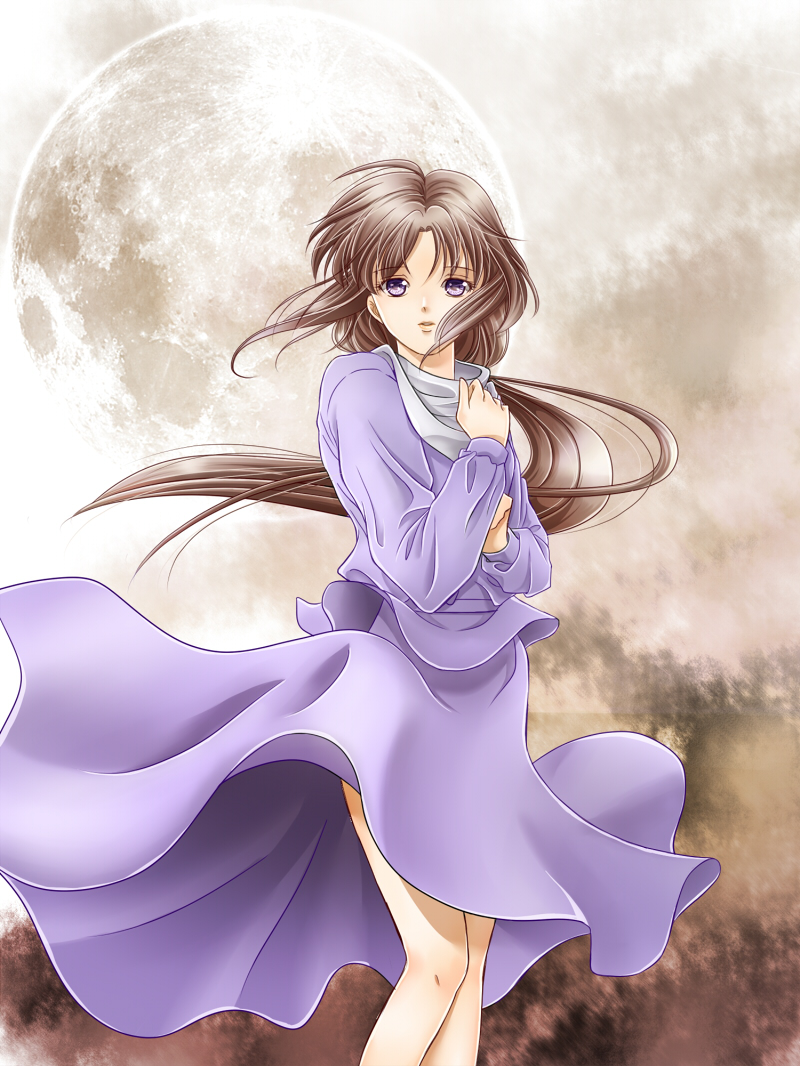 1girl, after_war_gundam_x, an_mochigusa, blue_eyes, brown_hair, dress, female_focus, full_moon