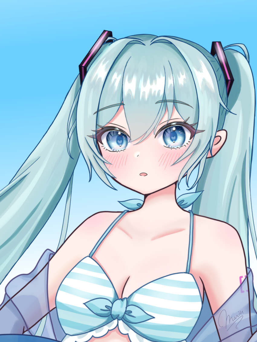 1girl, absurdres, aqua_eyes, aqua_hair, arm_tattoo, bikini, blue_bikini, blush, breasts, cleavage, collarbone, hair_between_eyes, hair_ornament, hatsune_miku, highres, long_hair, looking_at_viewer, maarin_(59567861), number_tattoo, open_mouth, small_breasts, solo, swimsuit, tattoo, twintails, upper_body, very_long_hair, vocaloid