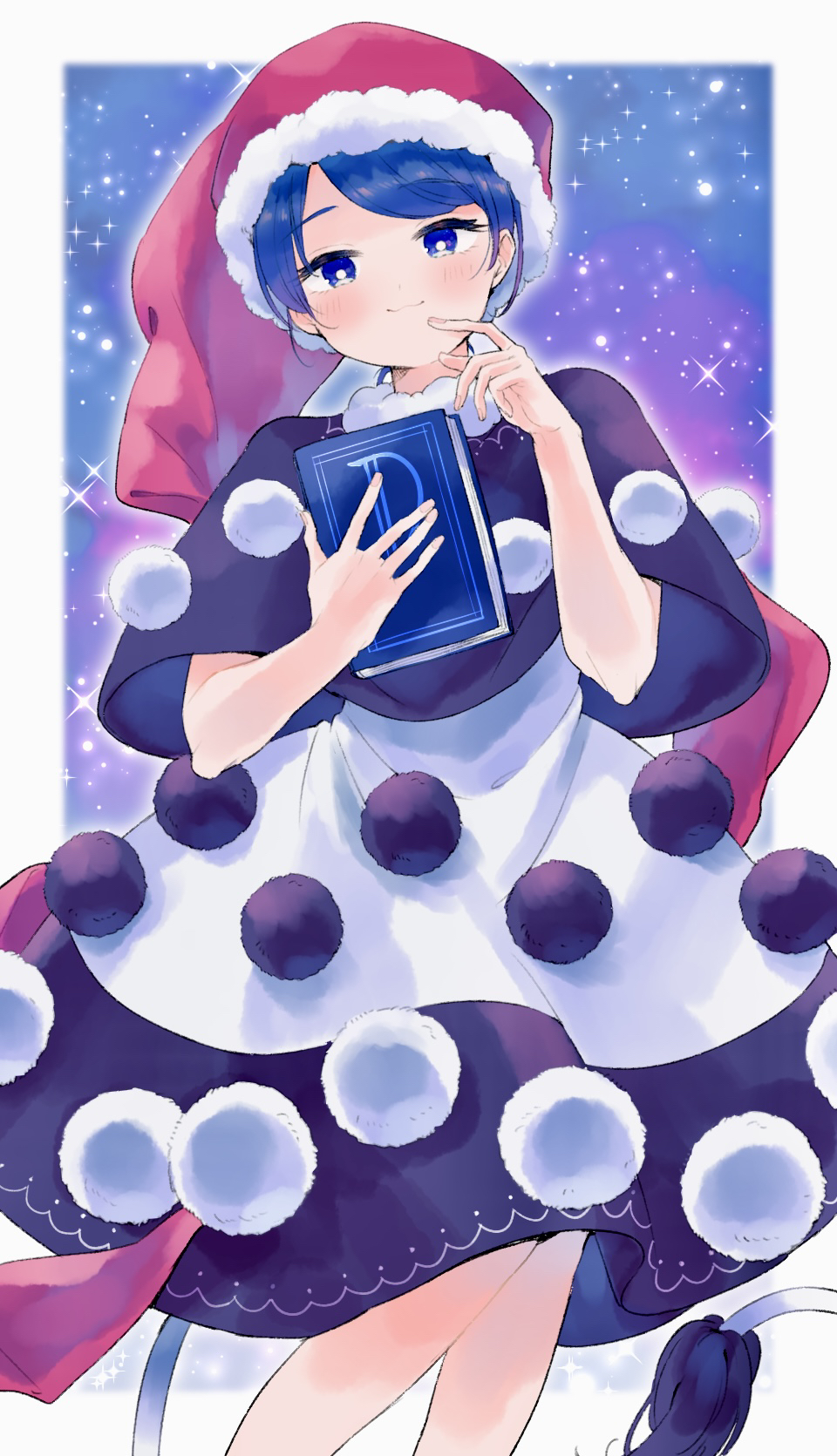 1girl, :3, black_capelet, black_dress, blue_background, blue_eyes, blue_hair, book