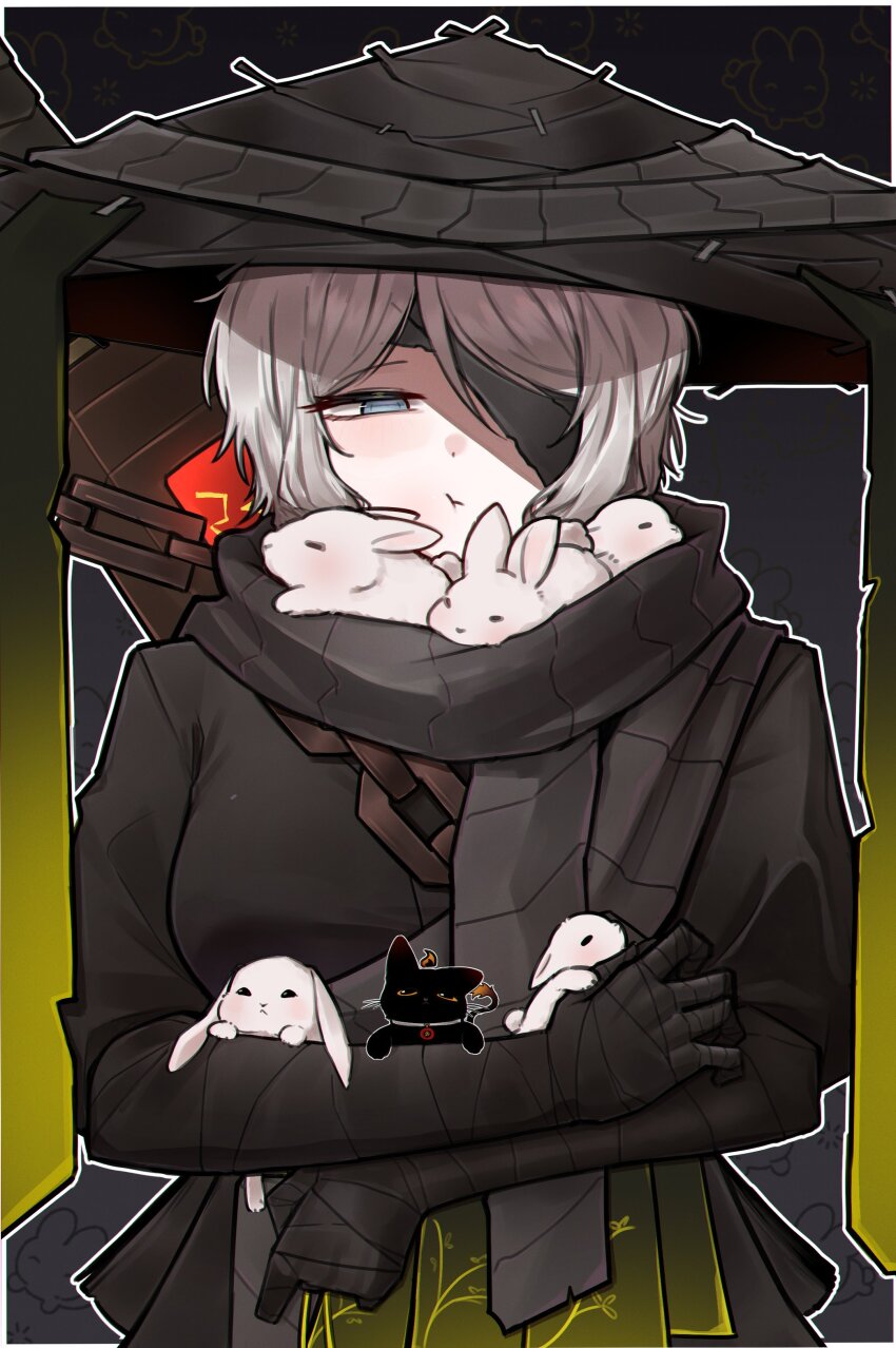 1girl, absurdres, ajirogasa, animal_hands, bandage_over_one_eye, bandaged_arm, bandages, black_hanfu