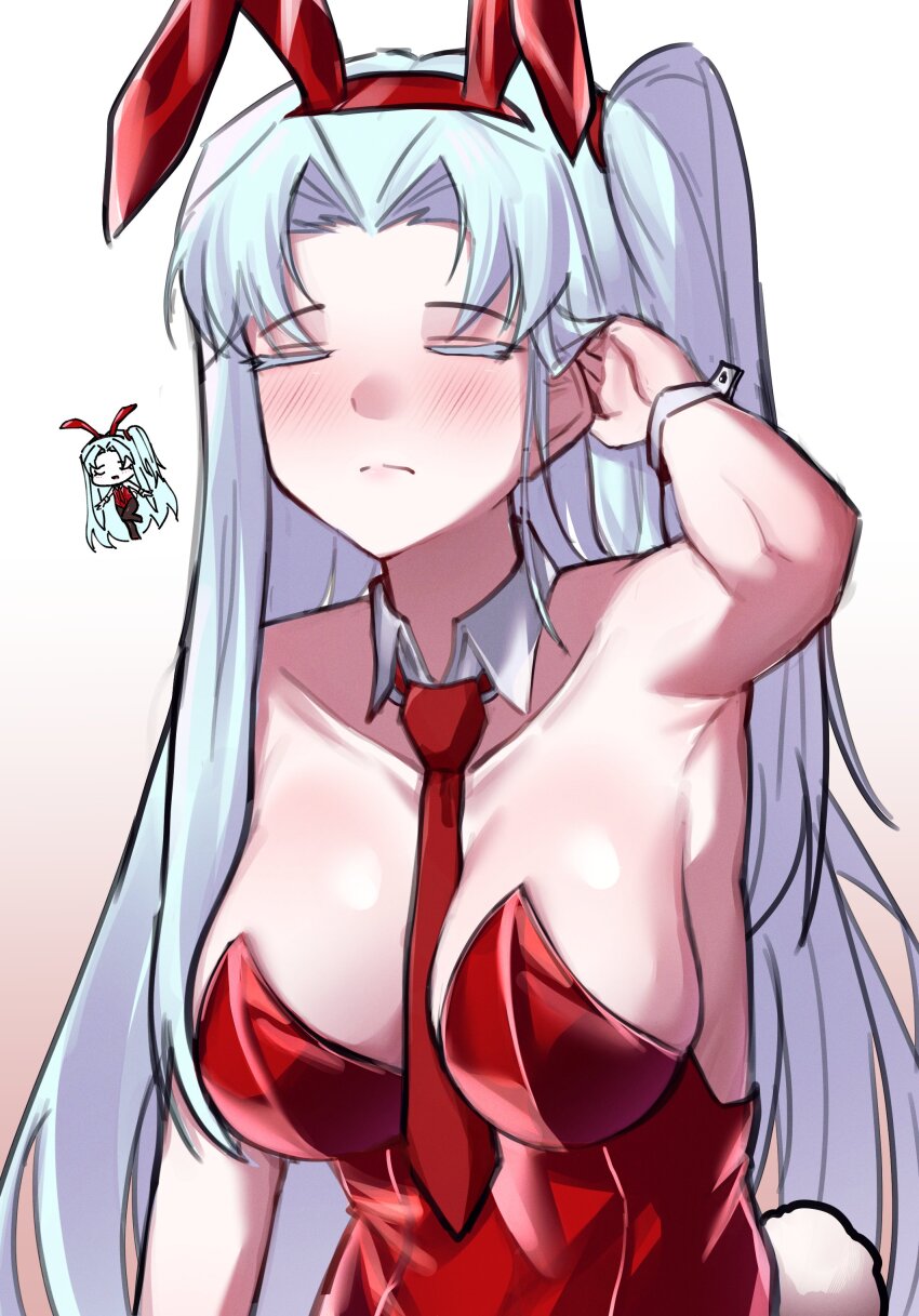 1girl, absurdres, angela_(project_moon), animal_ear_hairband, animal_ears, blue_hair, blush, breasts