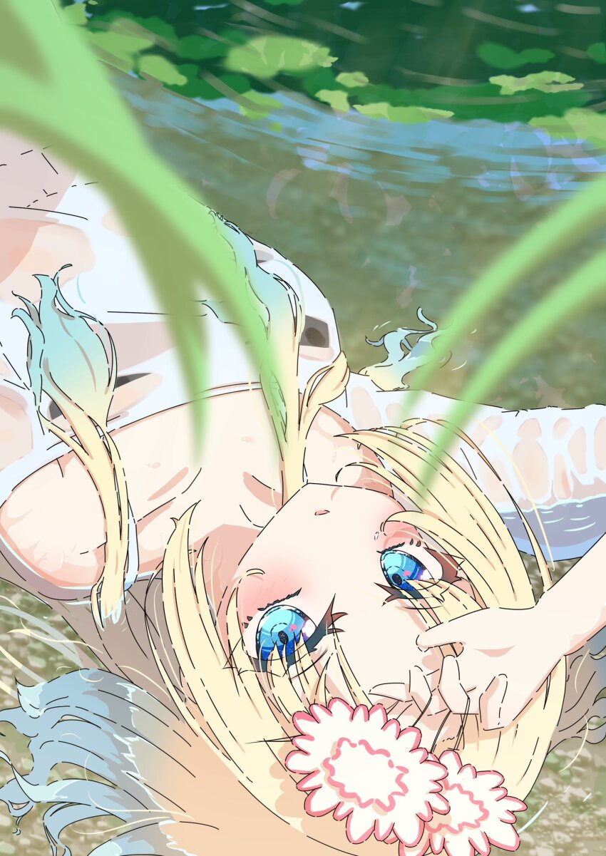 1girl, blonde_hair, blue_eyes, blue_hair, blurry, depth_of_field, flower, gradient_hair