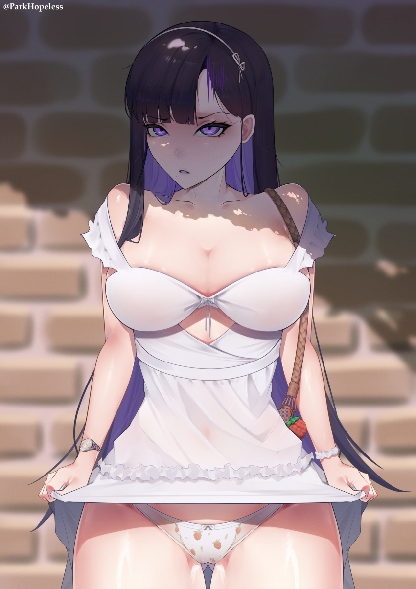 1girl, absurdres, alternate_breast_size_(larger), bag, black_hair, blunt_bangs, bow, bow_panties