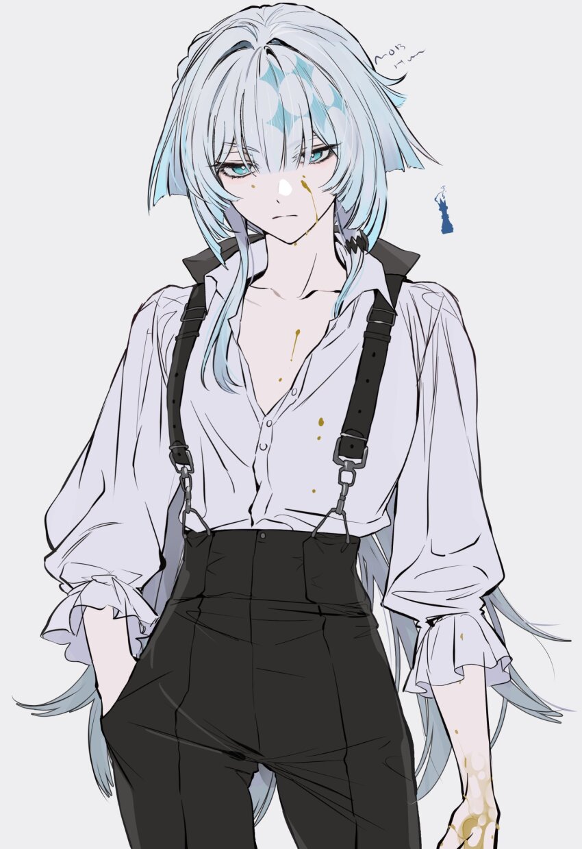 1girl, alternate_costume, arm_at_side, black_pants, blood, blood_on_chest, blood_on_clothes, blood_on_face, blood_on_hands, blue_eyes, blue_hair, bright_pupils, buttons, center_opening, cerydra_(honkai:_star_rail), chess_piece, closed_mouth, collarbone, collared_shirt, commentary, contrapposto, cowboy_shot, suit_pants, dress_shirt, flat_chest, frilled_sleeves, frills, grey_background, hair_intakes, hand_in_pocket, hashtag-only_commentary, high-waist_pants, highres, honkai:_star_rail, honkai_(series), hwan_(mob_hwan), long_hair, looking_at_viewer, pants, partially_unbuttoned, poet_shirt, puffy_sleeves, serious, shirt, shirt_tucked_in, simple_background, solo, stained_clothes, standing, suspenders, untranslatable_commentary, three-quarter_sleeves, tsurime, very_long_hair, white_pupils, yellow_blood