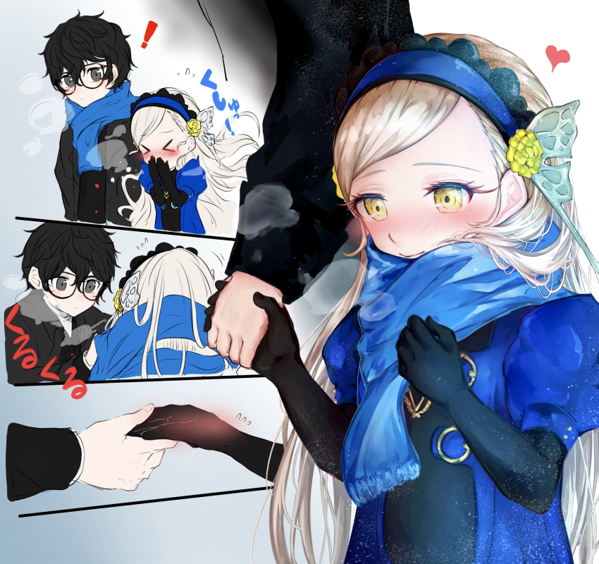 1boy, 1girl, amamiya_ren, black_coat, black_gloves, black_hair, black_shirt, blonde_hair