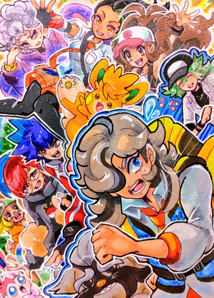 4boys, 4girls, arven_(pokemon), backpack, bag, baseball_cap, bede_(pokemon), bianca_(pokemon)