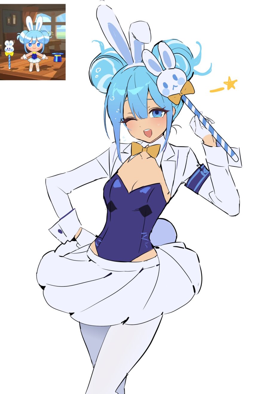 1girl, ;d, animal_ear_hairband, animal_ears, armband, blue_armband, blue_eyes, blue_hair, blue_leotard, bow, bowtie, breasts, center-flap_bangs, cleavage, collarbone, cookie_run, cookie_run:_tower_of_adventures, cowboy_shot, cream_soda_cookie, cream_soda_cookie_(magical_soda), detached_collar, double-parted_bangs, double_bun, fake_animal_ears, fake_tail, game_screenshot_inset, gloves, hair_between_eyes, hair_bun, hairband, half_gloves, hand_on_own_hip, highres, holding, holding_wand, humanization, jacket, leotard, miniskirt, official_alternate_costume, official_alternate_hair_length, official_alternate_hairstyle, ohta_guk_hip, one_eye_closed, open_clothes, open_jacket, open_mouth, orange_bow, orange_bowtie, pantyhose, playboy_bunny, pleated_skirt, protected_link, rabbit_ear_hairband, rabbit_ears, rabbit_tail, raised_eyebrow, reference_inset, short_hair, simple_background, skirt, small_breasts, smile, solo, standing, star_(symbol), strapless, strapless_leotard, tail, teeth, traditional_bowtie, upper_teeth_only, wand, white_background, white_gloves, white_hairband, white_jacket, white_pantyhose, white_skirt, white_tail
