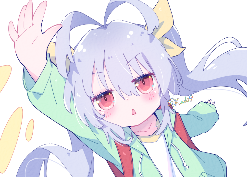 1girl, antenna_hair, arm_up, artist_name, backpack, bag, blue_jacket, blush