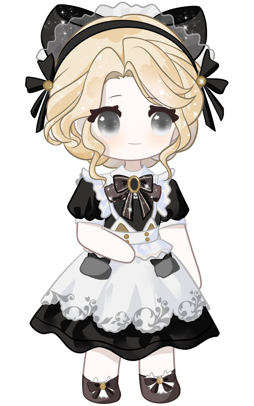 1girl, absurdres, apron, bare_arms, black_boots, black_bow, black_bowtie, black_dress