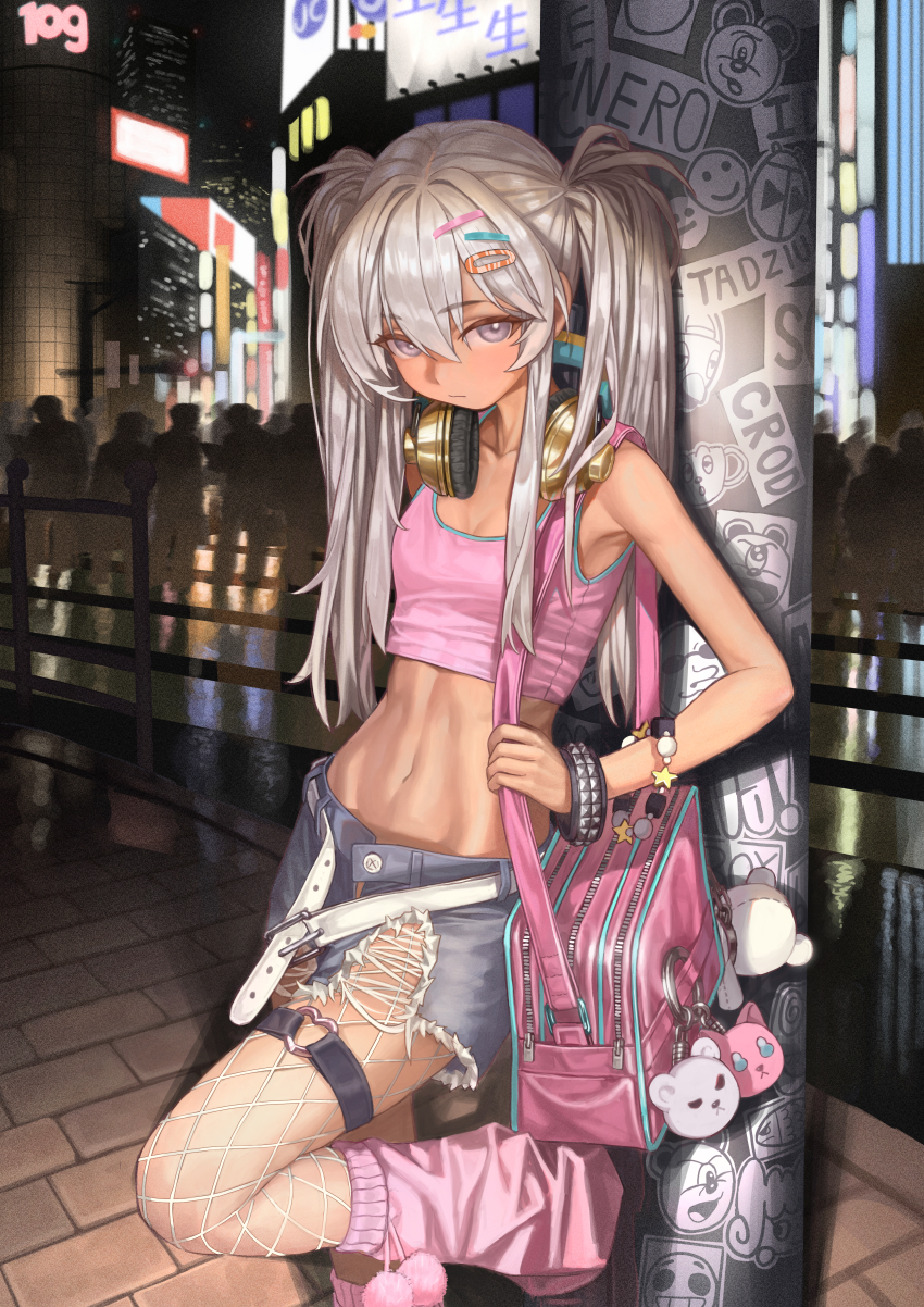 1girl, absurdres, bag, bag_charm, bare_shoulders, belt, billboard, breasts, charm_(object), closed_mouth, commentary, cowboy_shot, crop_top, crowd, dark-skinned_female, dark_skin, denim, denim_shorts, expressionless, fashion, fishnet_pantyhose, fishnets, grey_eyes, grey_hair, hair_between_eyes, hair_ornament, hairclip, headphones, headphones_around_neck, heart, heart_o-ring, heisei_retro, highres, holding_strap, leaning_on_object, long_hair, looking_at_viewer, loose_socks, midriff, naruto_maki_(naruto05), navel, night, o-ring, o-ring_thigh_strap, open_belt, original, outdoors, pantyhose, pink_bag, pink_shirt, pink_socks, real_world_location, shibuya_(tokyo), shibuya_109, shirt, short_shorts, shorts, shoulder_bag, skinny, sleeveless, sleeveless_shirt, small_breasts, socks, solo, standing, stomach, thigh_strap, tokyo_(city), torn_clothes, torn_shorts, twintails, utility_pole, white_belt