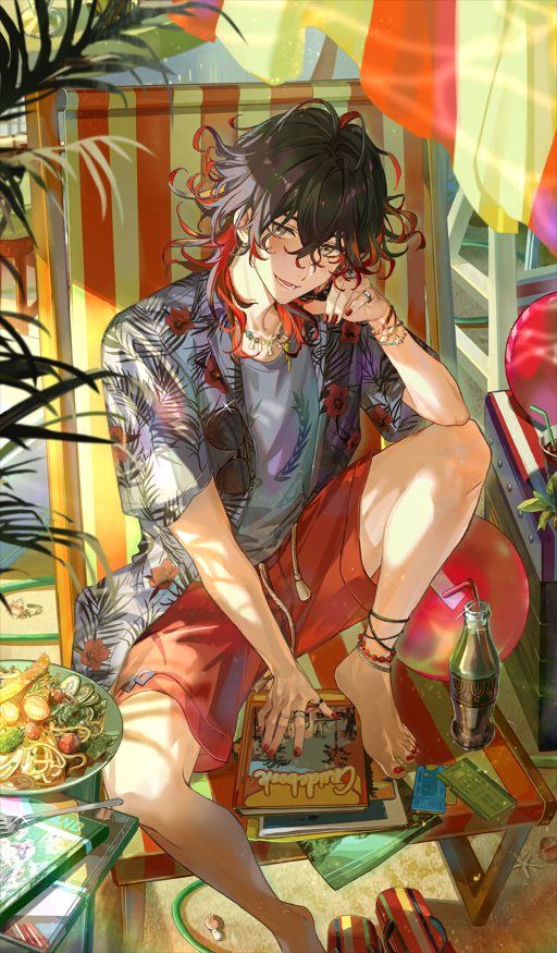 1boy, anklet, arm_support, artist_request, barefoot, beach, beach_chair, between_legs