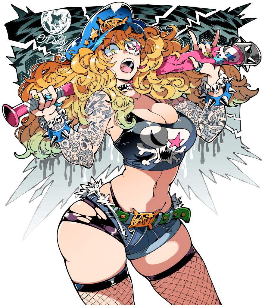 1girl, aj-chan_(aj_dandy), arm_tattoo, arms_behind_back, bandaged_weapon, bare_shoulders, baseball_bat, belt