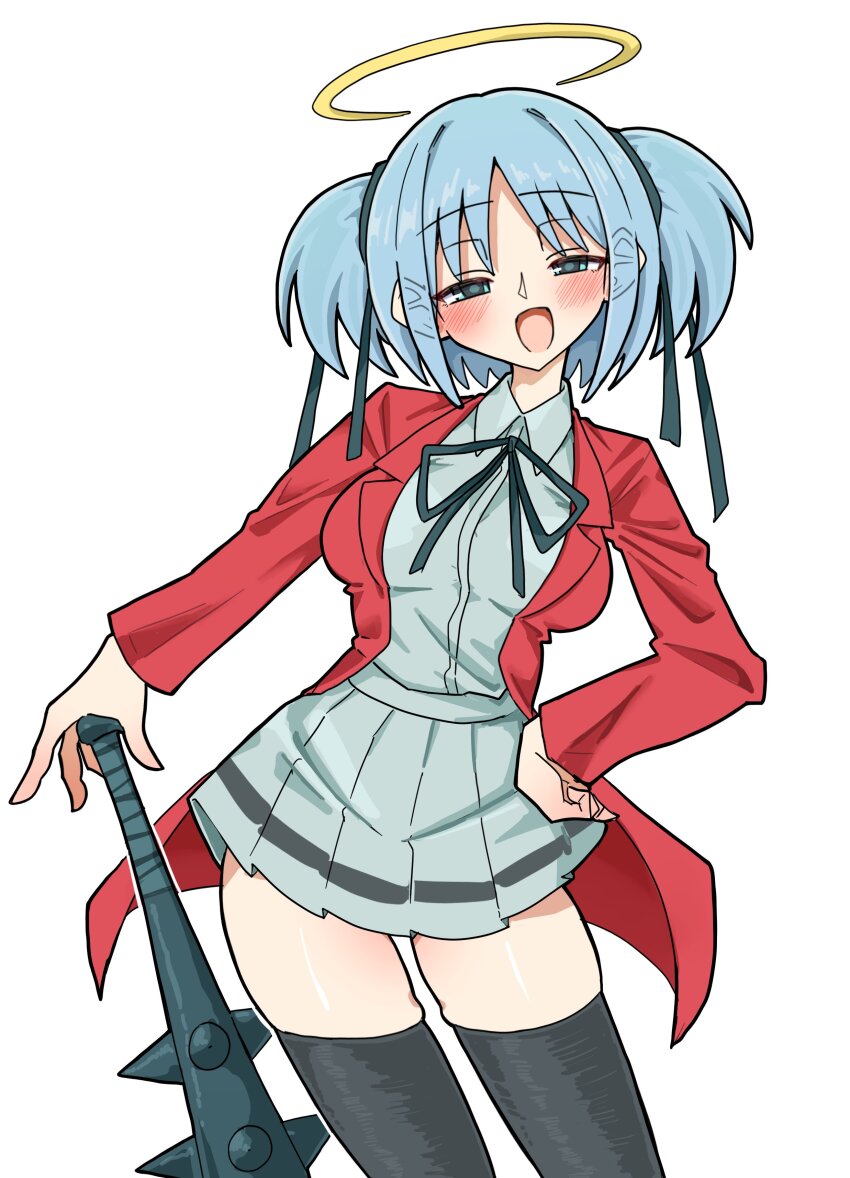 1girl, absurdres, black_thighhighs, blue_hair, blush, bokusatsu_tenshi_dokuro-chan, bow, club, club_(weapon), collared_shirt, contrapposto, cowboy_shot, excalibolg, green_eyes, hair_ribbon, halo, hand_on_own_hip, highres, holding, holding_club, holding_weapon, jacket, konomi_eisuke, long_sleeves, looking_at_viewer, medium_hair, miniskirt, mitsukai_dokuro, narrowed_eyes, open_mouth, pleated_skirt, red_jacket, ribbon, shirt, short_twintails, skirt, solo, spiked_club, standing, thighhighs, twintails, weapon, white_background, white_shirt, white_skirt, zettai_ryouiki