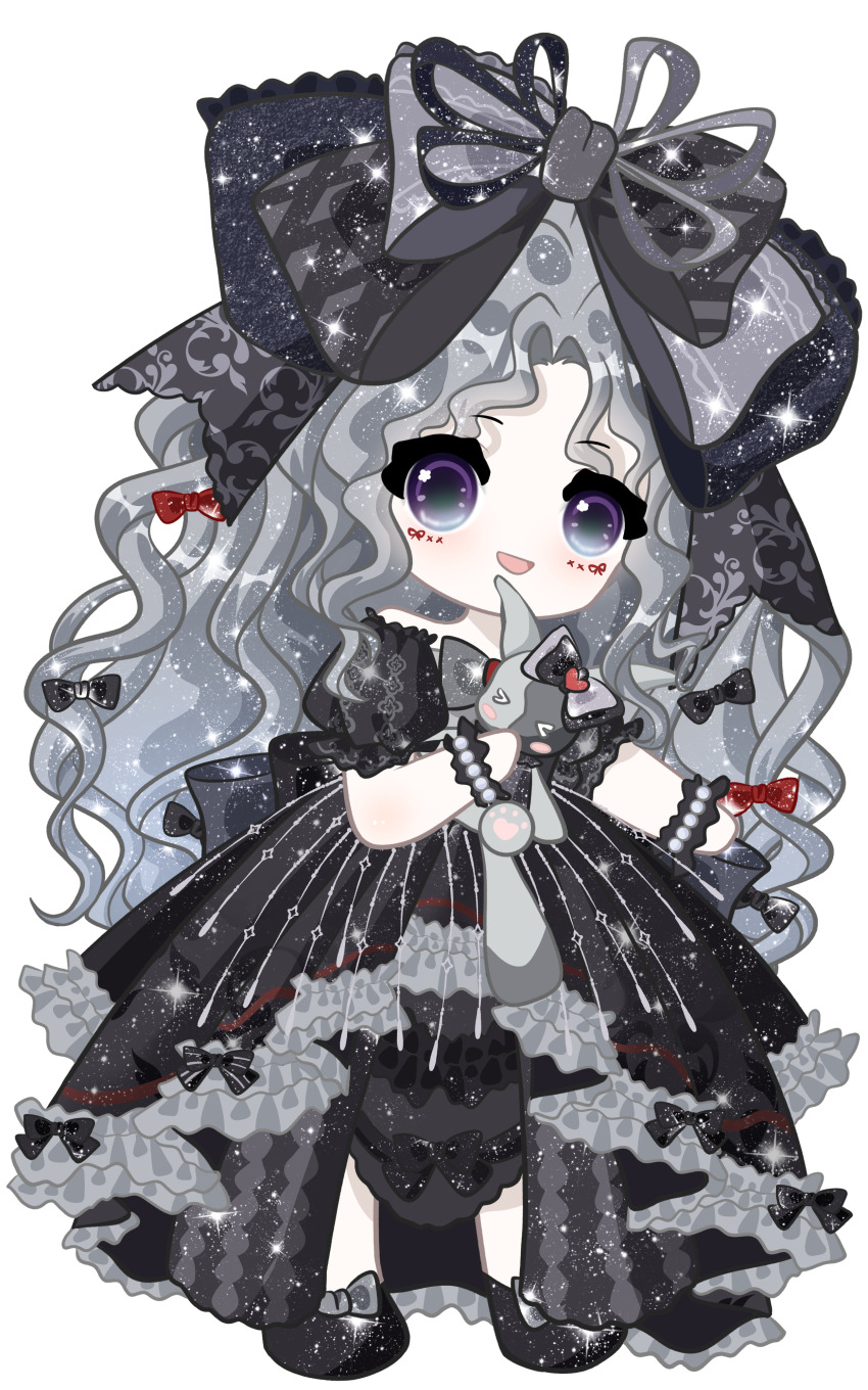 1girl, absurdres, argyle_bow, back_bow, bead_bracelet, beads, black_bow, black_dress