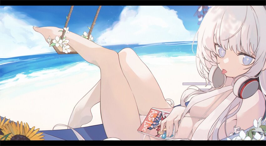 +_+, 1girl, abae, azur_lane, barefoot, beach, bikini, blue_eyes