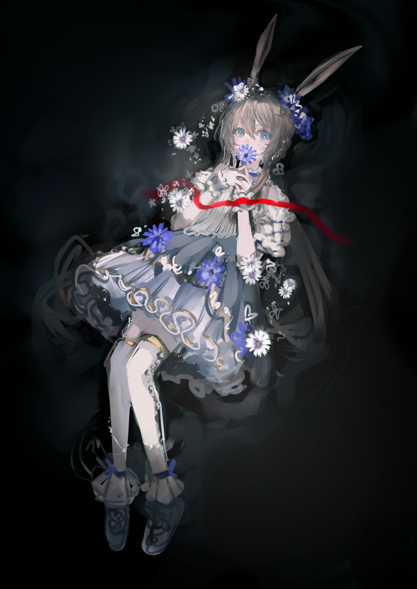 1girl, absurdres, amiya_(arknights), animal_ears, arknights, black_background, black_shoes, blue_eyes