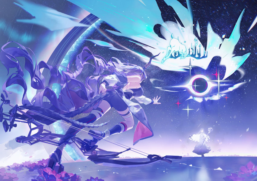 2girls, absurdres, arknights, black_hair, black_hole, black_shorts, bow_(weapon), breasts