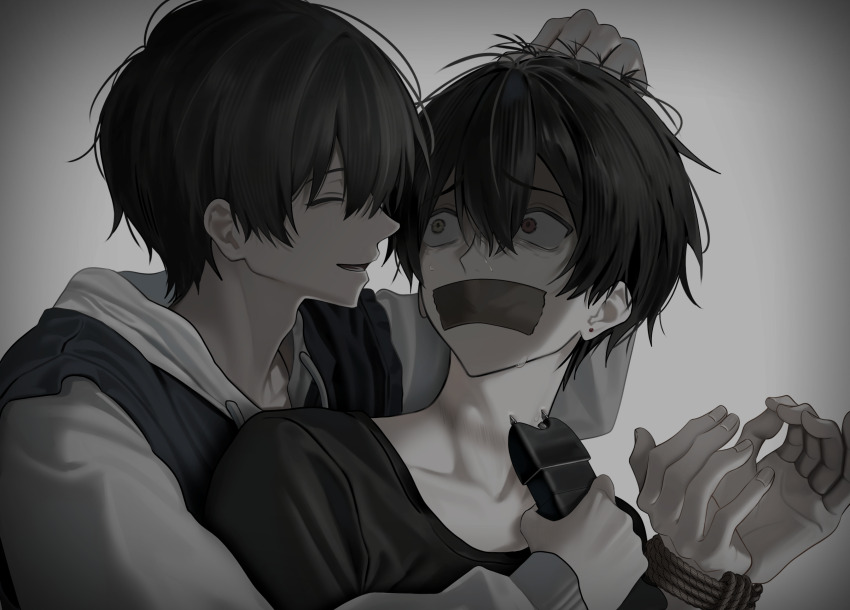 2boys, absurdres, akanei6no_sora, arm_up, black_hair, bound, bound_wrists, closed_eyes