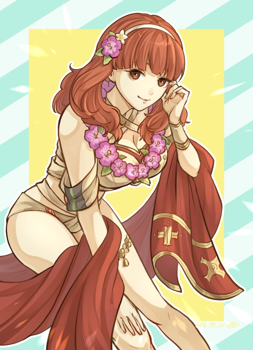 1girl, ak_87_kt, bikini, breasts, brown_bikini, celica_(fire_emblem), celica_(summer)_(fire_emblem), cleavage