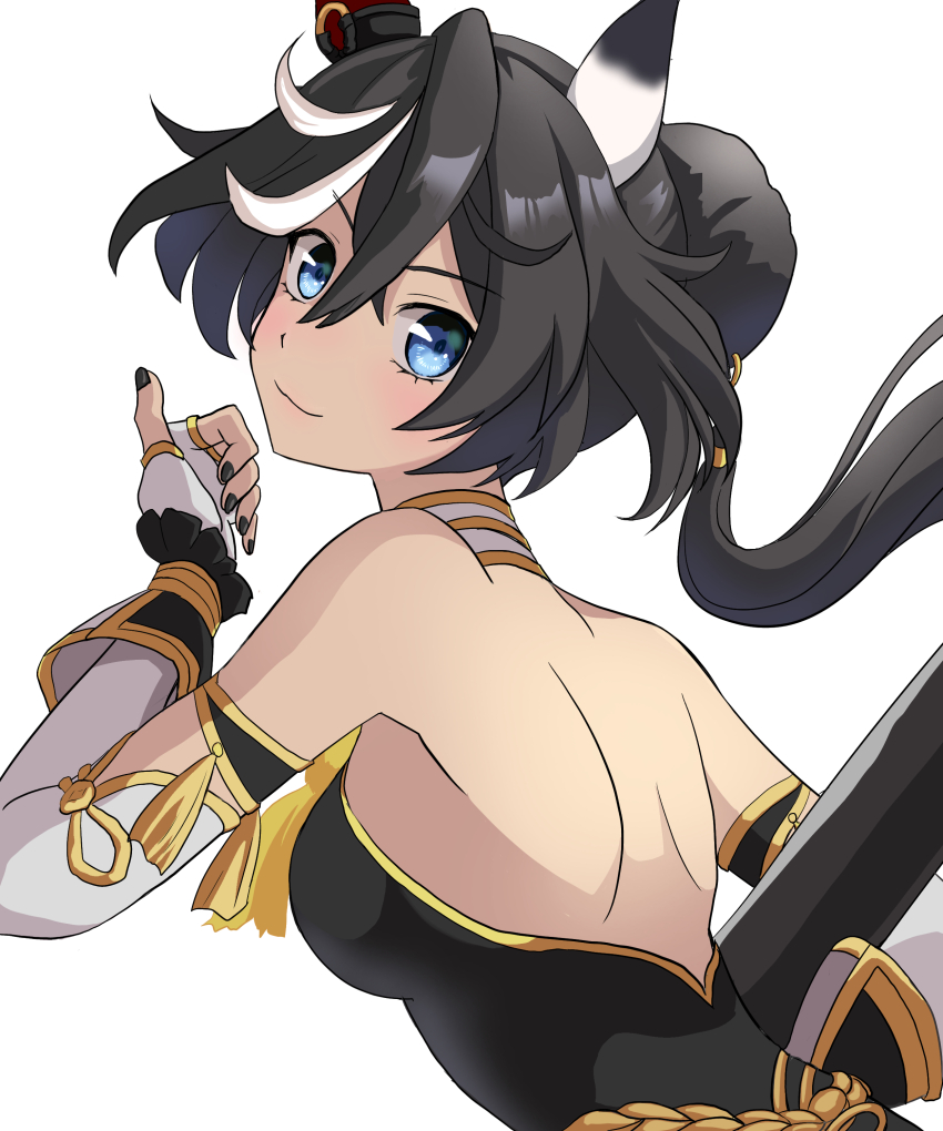 1girl, absurdres, animal_ears, bare_shoulders, black_dress, black_hair, black_nails, blue_eyes