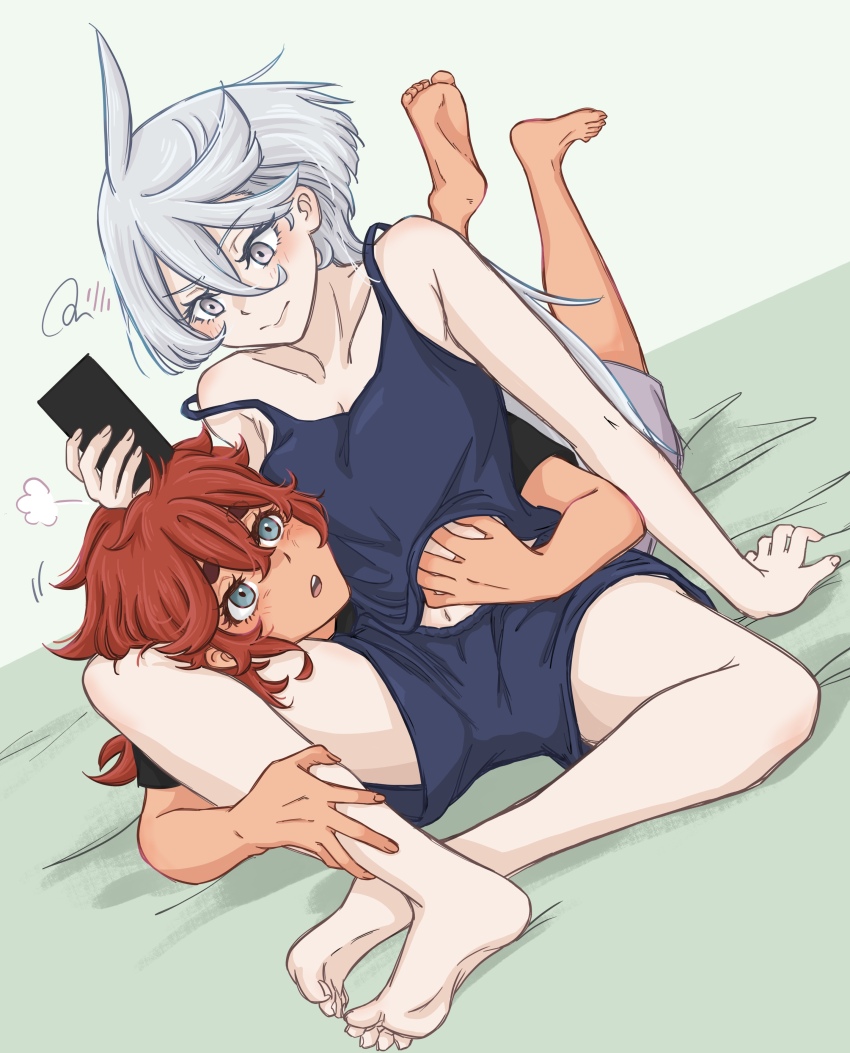 2girls, absurdres, bare_arms, barefoot, blue_camisole, blue_eyes, blue_shorts, blush