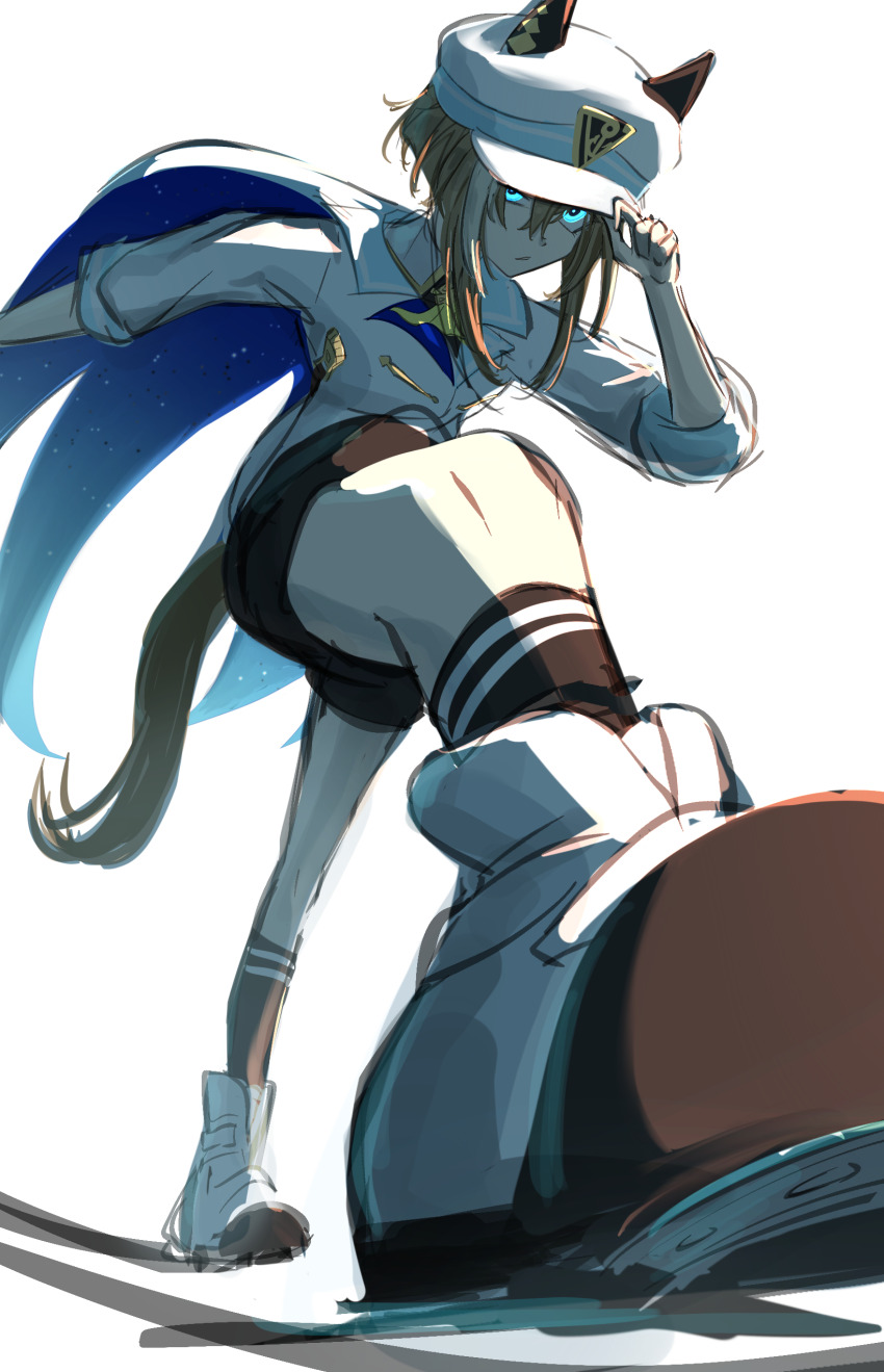 1girl, absurdres, animal_ears, blue_eyes, brown_hair, cape, cheval_grand_(grand_itineraire)_(umamusume), cheval_grand_(umamusume)