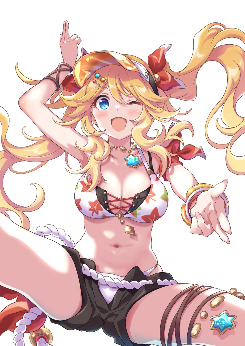 1girl, absurdres, arm_up, armpits, bikini, bikini_bottom_under_shorts, bikini_under_clothes, black_shorts