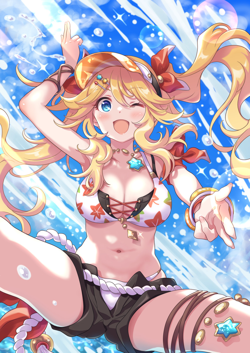 1girl, absurdres, arm_up, armpits, bikini, bikini_bottom_under_shorts, bikini_under_clothes, black_shorts, blonde_hair, blue_eyes, bow, breasts, cleavage, cross-laced_bikini, cross-laced_clothes, floral_print, hair_bow, hair_ornament, hairpin, halterneck, highres, large_breasts, layered_bikini, long_hair, looking_at_viewer, multiple_hairpins, navel, ninon_(princess_connect!), ninon_(summer)_(princess_connect!), one_eye_closed, open_clothes, open_mouth, open_shorts, princess_connect!, red_bow, shorts, smile, spread_legs, star_ornament, swimsuit, tsukachii, white_bikini
