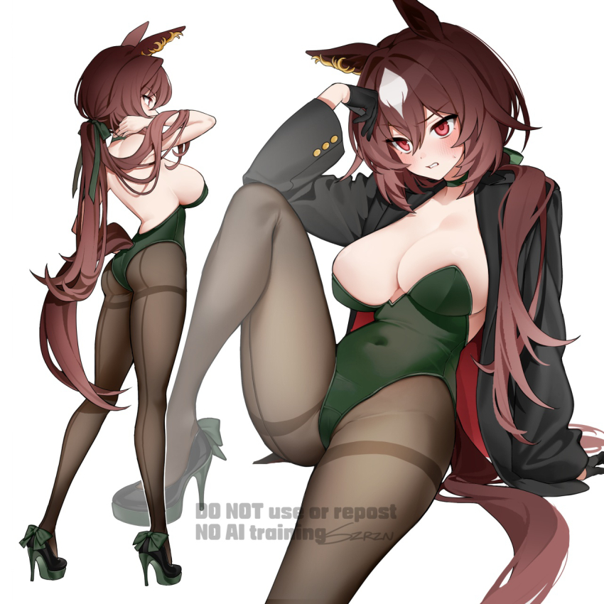 1girl, animal_ears, arm_support, ass, bare_shoulders, black_gloves, black_pantyhose, blush