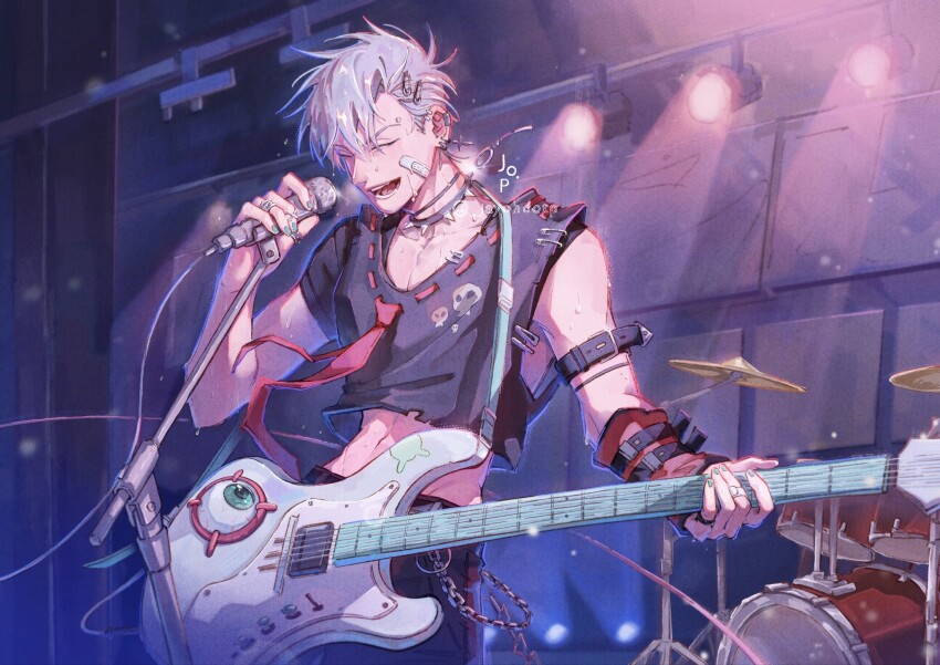 1boy, alien_stage, artist_name, bandaid, bandaid_on_face, black_shirt, cable, choker