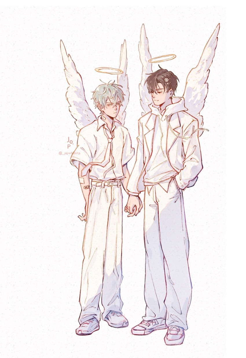 2boys, alien_stage, alternate_costume, angel, angel_wings, artist_name, belt, black_hair