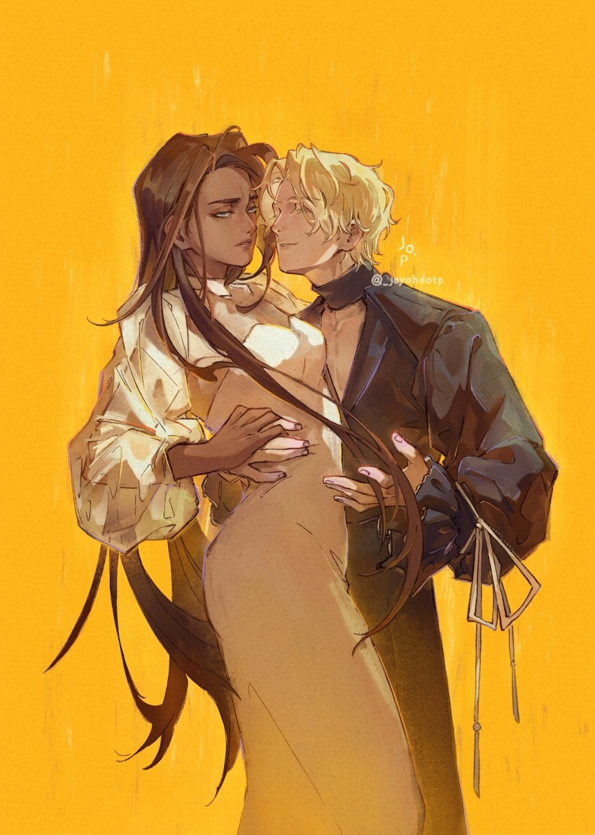 1boy, 1girl, alien_stage, artist_name, black_shirt, blonde_hair, breasts, brown_hair, cleavage_cutout, clothing_cutout, commentary, dark-skinned_female, dark_skin, dress, english_commentary, grey_eyes, highres, hyuna_(alien_stage), jayohdotp, long_dress, long_hair, long_sleeves, luka_(alien_stage), parted_lips, puffy_long_sleeves, puffy_sleeves, see-through_clothes, see-through_sleeves, shirt, short_hair, twitter_username, very_long_hair, white_dress, yellow_background