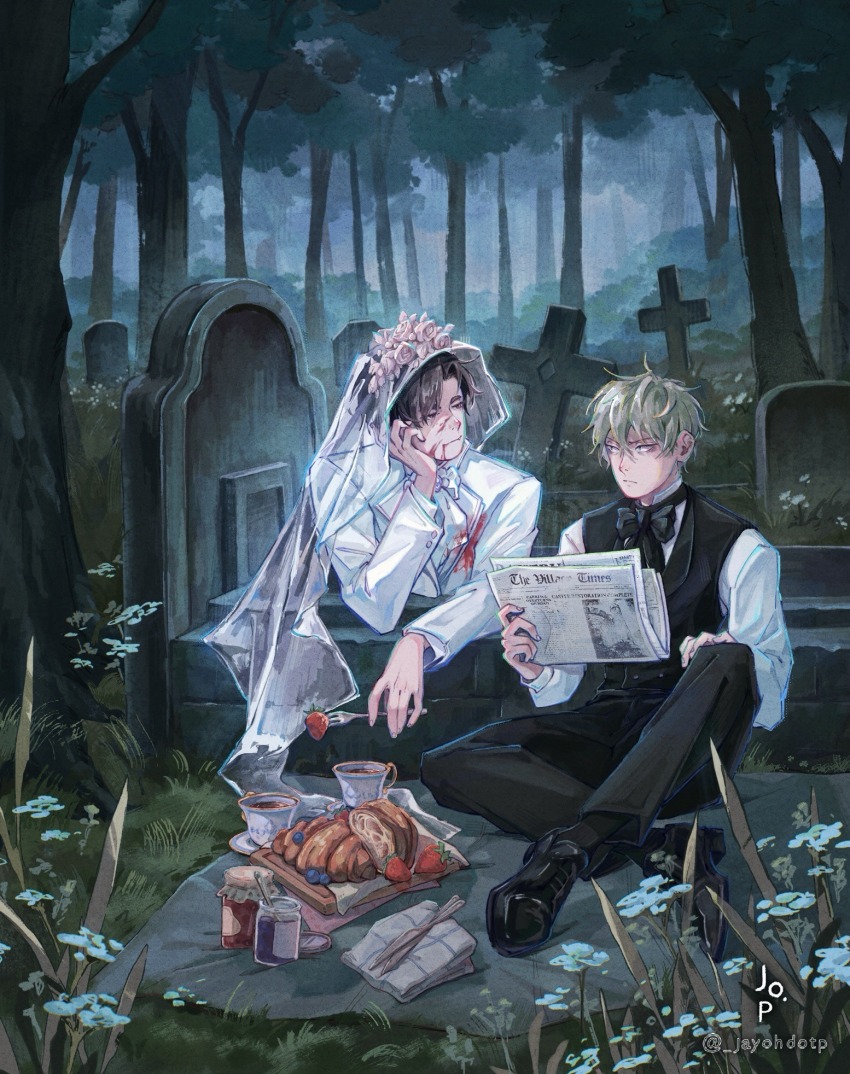 2boys, alien_stage, black_bow, black_bowtie, black_hair, black_vest, blood, blood_on_face