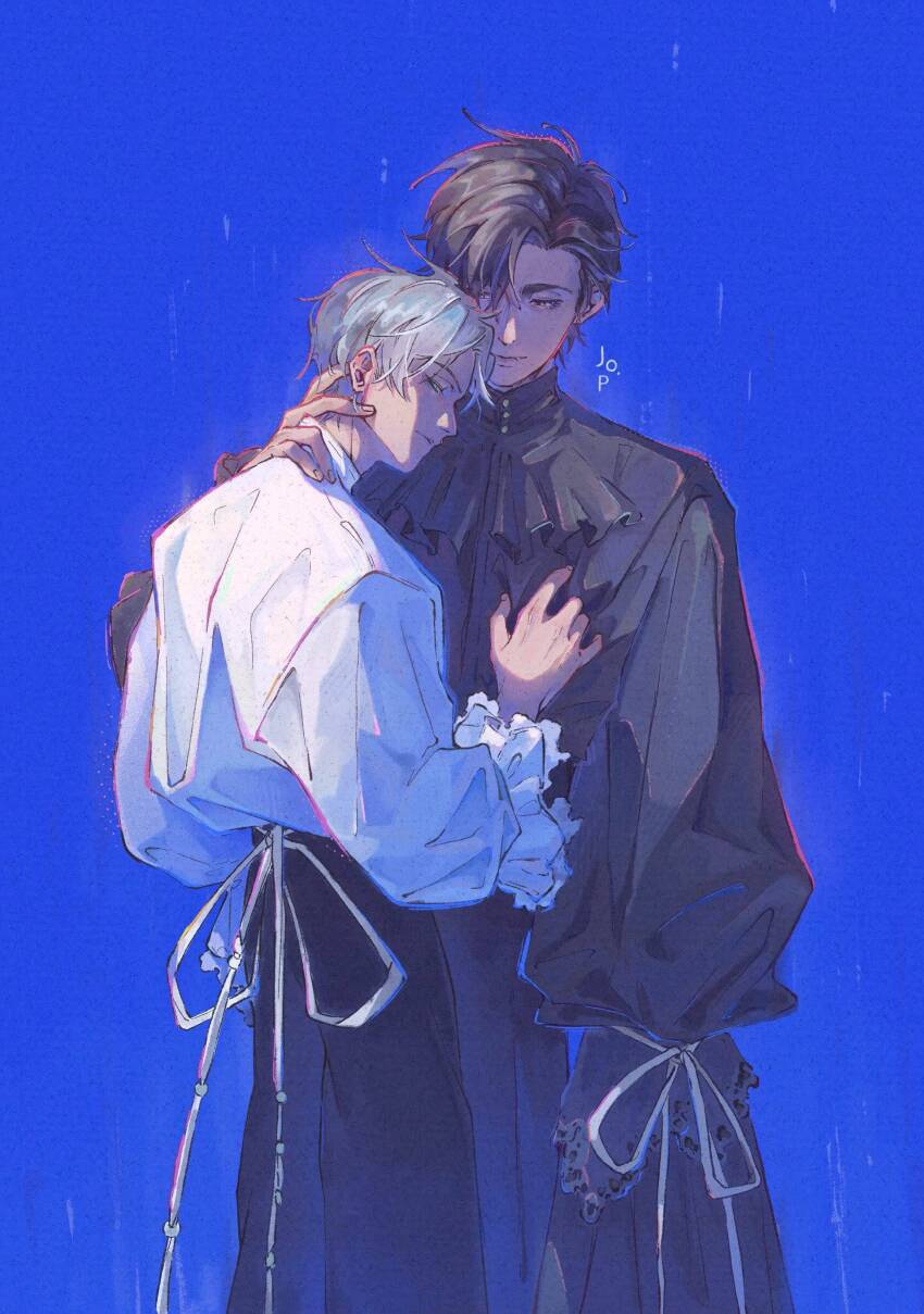 2boys, absurdres, alien_stage, alternate_costume, artist_name, ascot, black_ascot, black_eyes