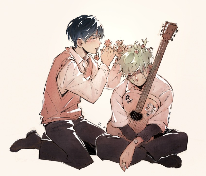 2boys, alien_stage, artist_name, black_hair, black_pants, black_shoes, collared_shirt, commentary