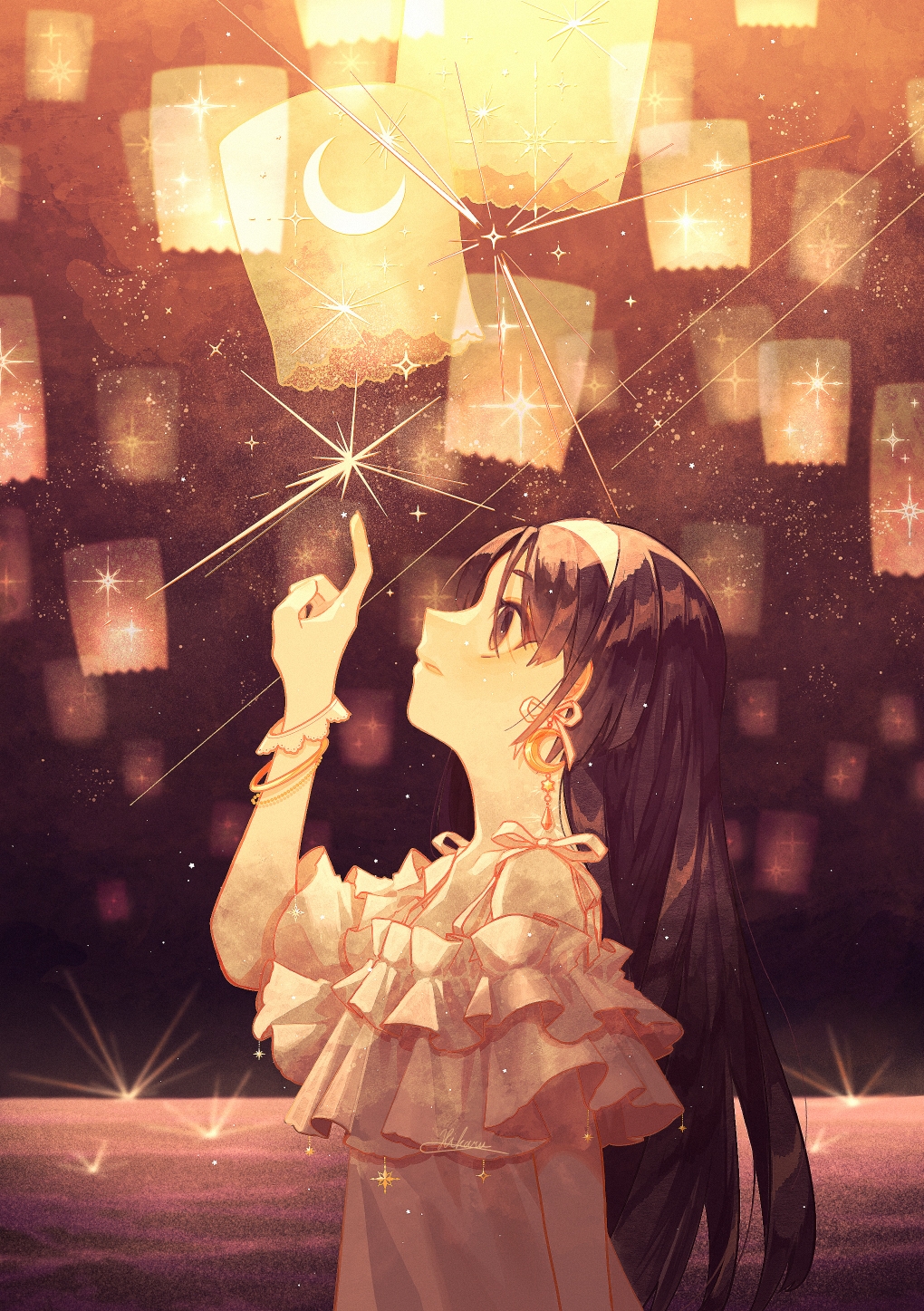 1girl, arm_at_side, bow, bow_earrings, bracelet, commentary_request, crescent, crescent_earrings