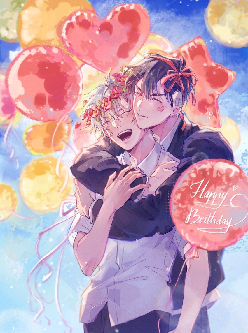 2boys, alien_stage, balloon, birthday, black_jacket, closed_eyes, collared_shirt, commentary