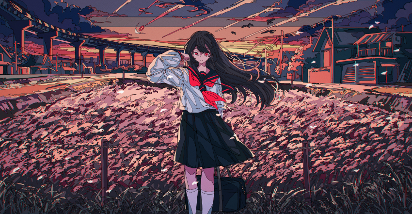 1girl, absurdres, bag, black_hair, black_sailor_collar, black_skirt, bridge, building