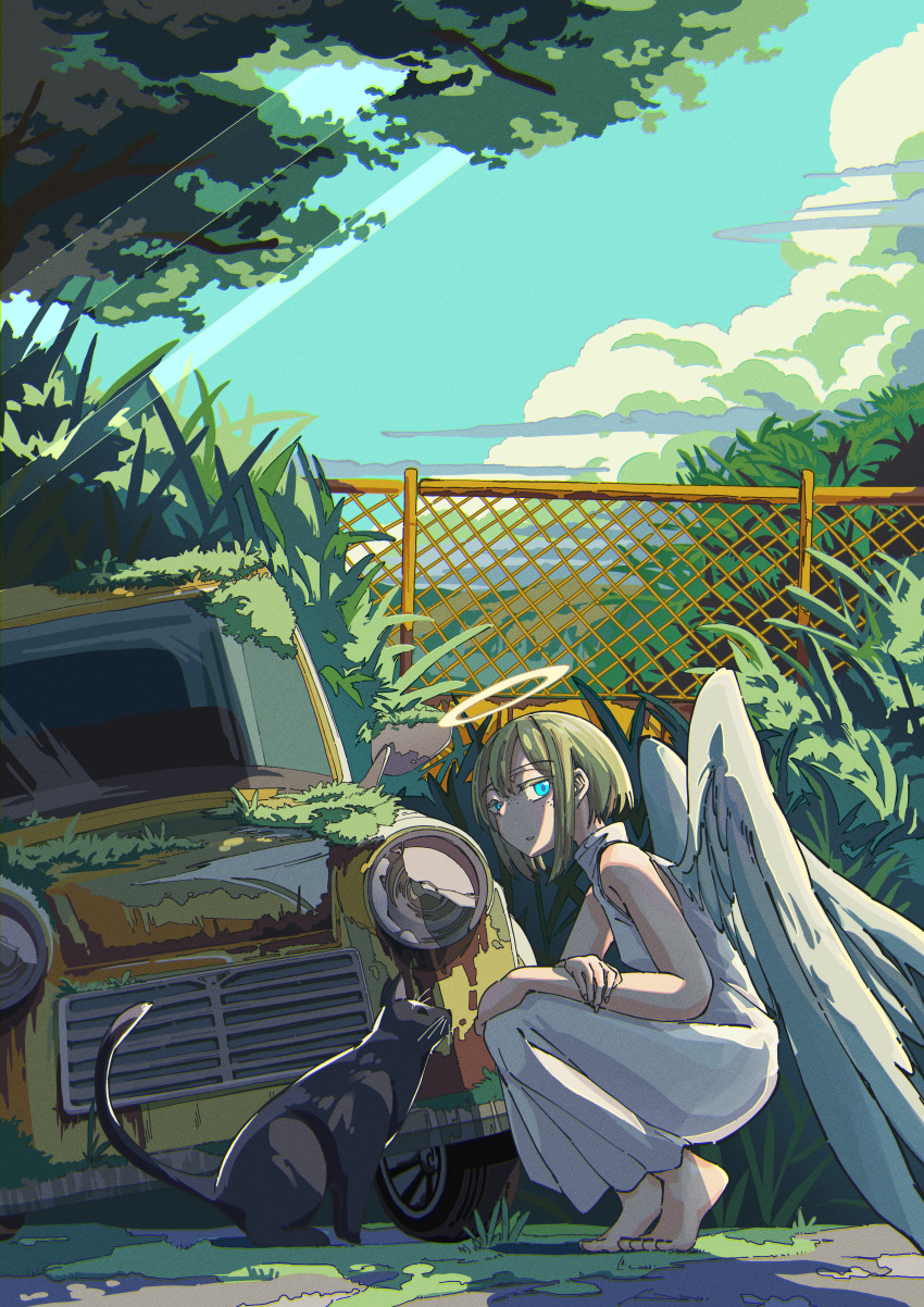 1girl, abandoned, absurdres, angel, angel_wings, animal, barefoot, black_cat, blue_eyes, blue_sky, brown_hair, car, cat, chain-link_fence, cloud, colored_eyelashes, commentary_request, day, double-parted_bangs, dress, expressionless, fence, freckles, from_side, grass, grey_dress, grey_wings, halo, hand_on_own_arm, hand_on_own_knee, highres, light_rays, long_dress, looking_at_viewer, looking_to_the_side, motor_vehicle, mountainous_horizon, original, outdoors, overgrown, parted_lips, scenery, short_hair, sidelocks, sky, sleeveless, sleeveless_dress, solo, squatting, sunbeam, sunlight, tattsun_(ta_tsuki), traditional_halo, tree, turning_head, wide_shot, wings